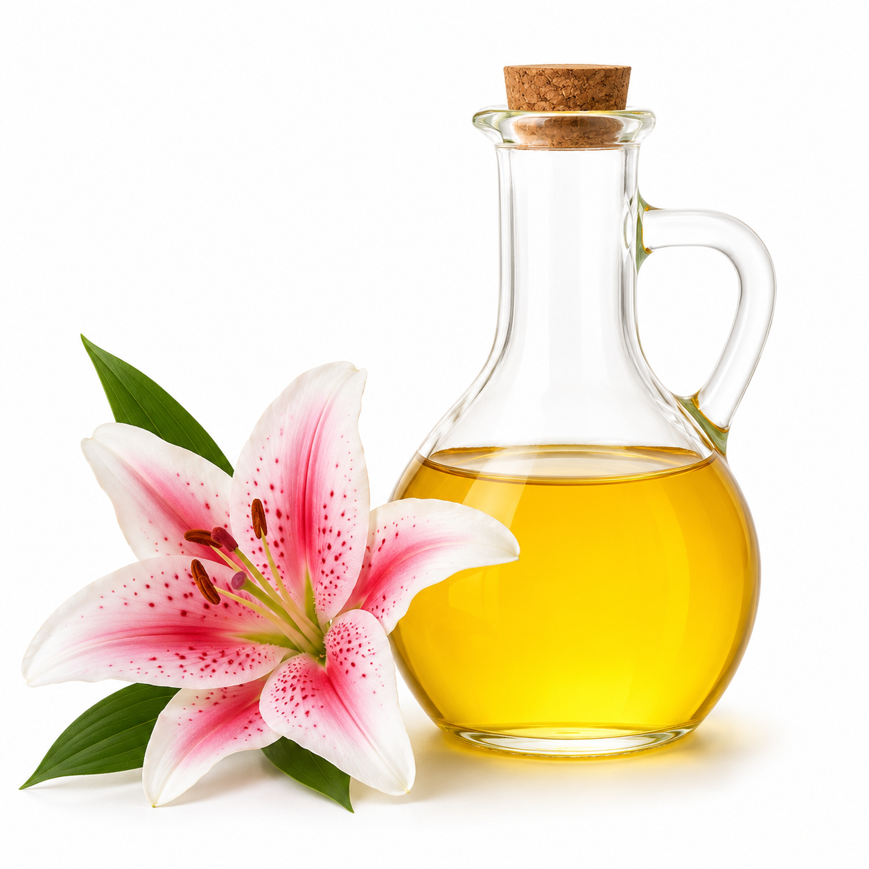 Lilienöl natürliches Pflegeöl von Evergreen Zürich mit weißen Lilien und hochwertiger Glasflasche