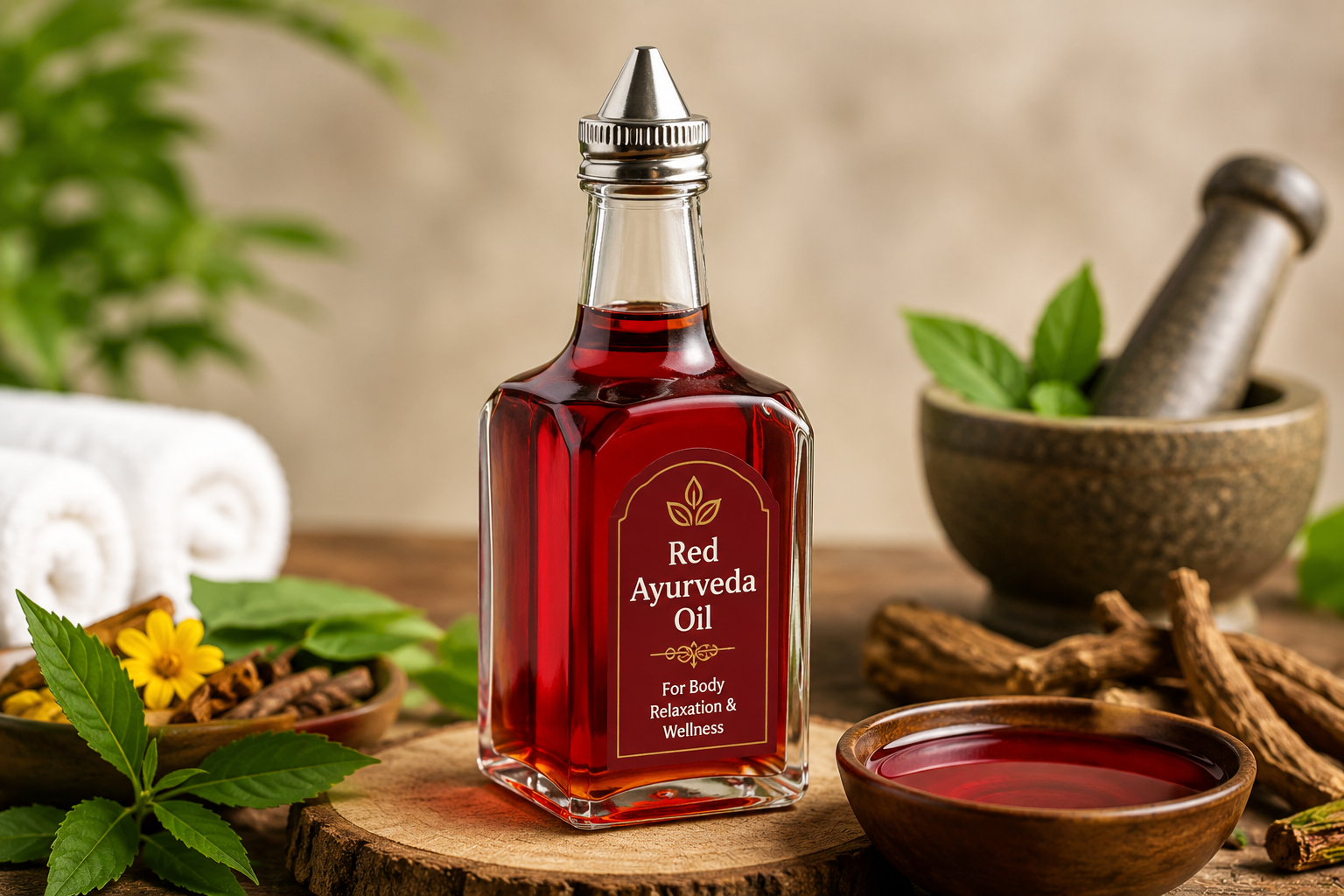 Rotes Ayurveda-Öl natürliches Heilöl von Evergreen Zürich in dekorativer Flasche mit ayurvedischen Kräutern